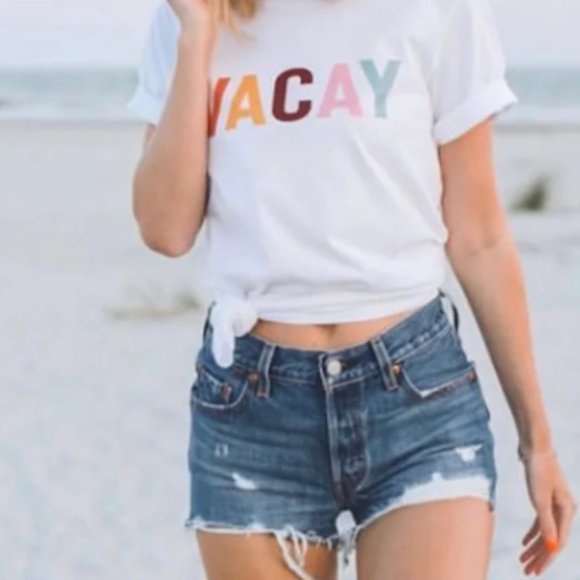 NWOT Multi-Color VACAY Womens White Crew Neck Short Sleeve 100% Cotton T… - Picture 1 of 16